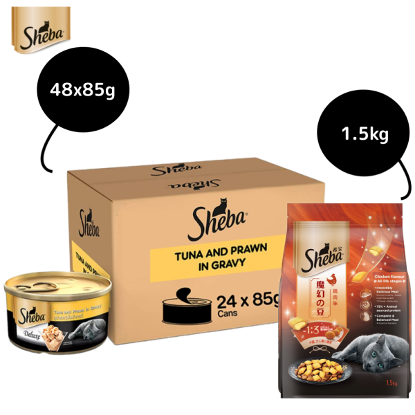 Sheba Tuna Fillet & Whole Prawns in Gravy Premium Cat Wet Food and Chicken Flavour Irresistible All Life Stage Cat Dry Food Combo Online Sale